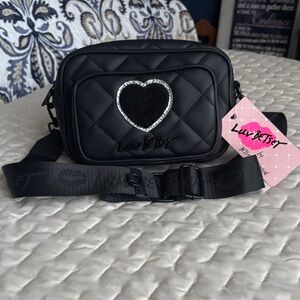 Betsey Johnson Black Quilted Heart Crossbody Bag with Rhinestone Trim